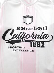 SHEIN Explorewe Camiseta de niña preadolescente con estampado y ribete a rayas con hombros caídos - Rosa - Ver 5