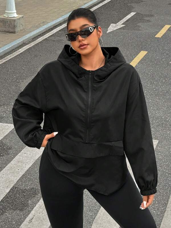 SHEIN EZwear Plus Half Zip Drop Shoulder Hooded Jacket