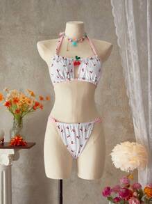 SHEIN Swim 2pcs/Set Sweet Cute Cherry Print Halter Backless Swimsuit Top & Thong Bottoms Women Swimwear Set For Summer Beach Vacation
