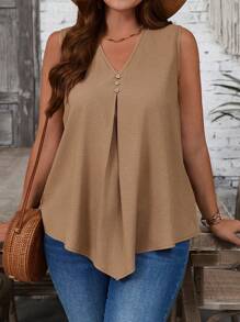 EMERY ROSE 加大码纯色 V 领不对称下摆无袖束腰上衣，适合外出、夏季、度假、西部装、乡村音乐会、办公室、女士工作上衣、商务休闲