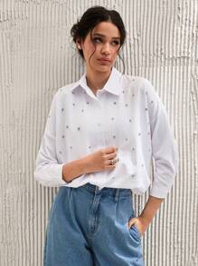 EURMUSE Women's Stylish Rhinestone Embellished Drop Shoulder Shirt - White - View 3