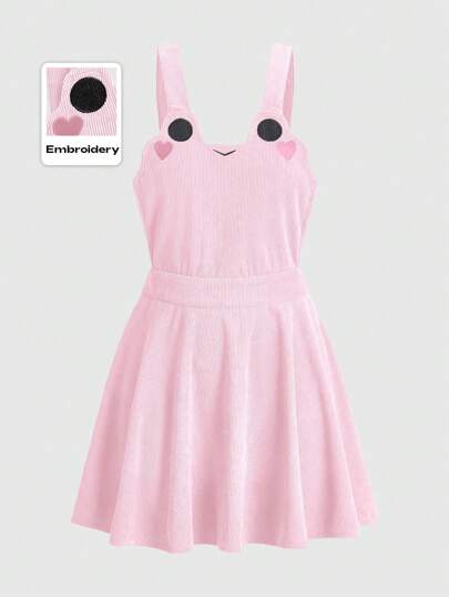 Kawaii Vestido de tirantes rosa con bordado adorable de rana talla grande