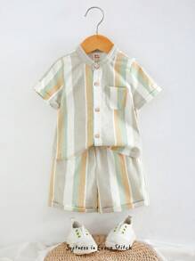 Cozy Pixies Baby Boy 2pc Set - Striped Collar Short Sleeve Cardigan And Elastic Waist Shorts