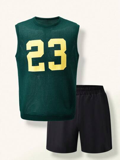 SHEIN Explorewe 2pcs Male Teenager Casual Fashionable School/Commute Loose Textured See-Through Fabric Green Numeric Pattern Tank Top And Shorts Set