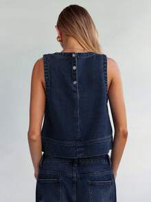 Forever 21 Women Solid Color Crew Neck Sleeveless Denim Top - Medium Wash - View 2