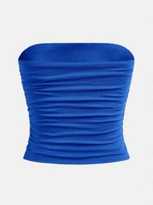 Tween Girl Minimalist Comfortable Side Ruched Tube Top - Royal Blue - View 2