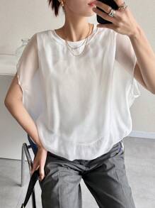 FRIFUL 女士夏季休闲网眼拼布毛衣背心褶皱下摆圆领无袖宽松 T 恤亚麻