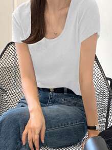 DAZY Women's Solid Color Round Neck Short Sleeve Fitted Basic T-Shirt, Brown For Spring & Summer,Back To School Clothes - White - View 4