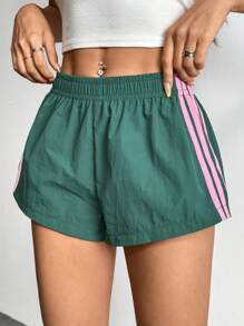 SHEIN PETITE Pantalones cortos casuales de verano para mujer con rayas laterales y cintura elástica, sueltos