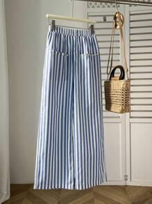 SHEIN Unity Blue Striped Loose Straight Leg Casual Trousers, Lightweight And Flowing Style, Spring/Summer Fall Cloth For Women - Blue - View 5