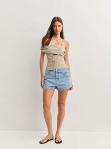 Nöista Khaki Striped Linen-Blend Top With Asymmetric Neckline,Beaded Strap Flattering Fit Breathable Fabric For Summer Boho Vacation Holiday 4th Of July - Yellow - View 4
