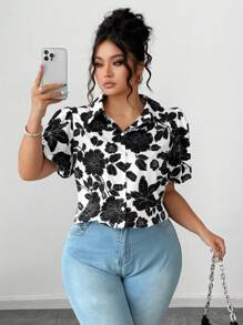 SHEIN Clasi Camisa con botones de manga corta con estampado floral y cuello de polo - Multicolor - Ver 1