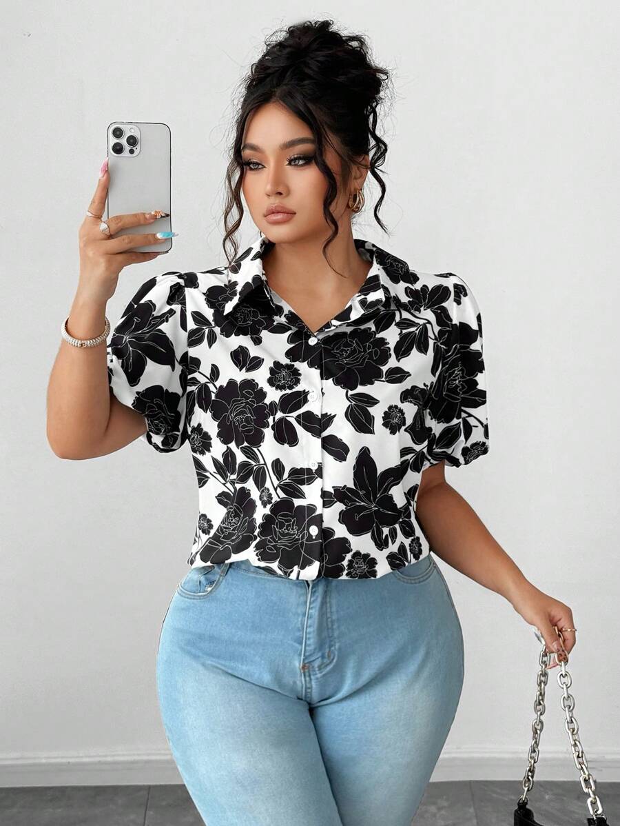 SHEIN Clasi Camisa con botones de manga corta con estampado floral y cuello de polo - Multicolor - Ver 1