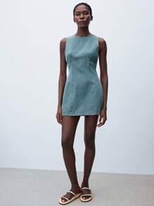 Maija Vestido casual de talle medio de mujer de ajuste ceñido, de cuello redondo y sin mangas, de color azul claro de mezclilla, para uso empresarial y diario - Azul lavado oscuro - Ver 2