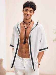 Manfinity VCAY 男士度假几何印花连帽抽绳前开休闲衬衫 - 白色 - 查看 4