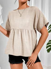 SHEIN Essnce 大码女式短袖衬衫，夏季上衣，趣味可爱夏季上衣，热带风情外出装 - 卡其色 - 查看 4