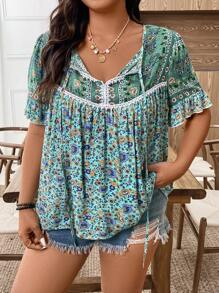 EMERY ROSE Plus Size Women Ditsy Floral Short Sleeve Casual Vacation Shirt - Multicolor - View 1