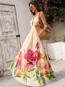 Vivid Eden Váy hở lưng cổ chữ V in hoa cho nữ đi nghỉ hè và đi biển - Màu be - Xem 3