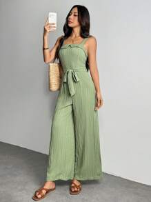 SHEIN PETITE Bộ đồ liền thân ống rộng buộc eo màu trơn dành cho nữ, Trang phục mùa hè, Kỳ nghỉ, Xanh lá cây xô thơm, Bộ đồ liền thân có cổ bẻ và thắt eo. Quần ống rộng - màu xanh lá - Xem 4