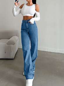 SHEIN Tall 雪洗高腰直筒牛仔裤，适合高个子