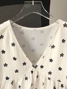 Chiquease 女士 Ditsy Ditsy 花卉荷叶边褶皱泡泡袖衬衫 - 杏色 - 查看 5