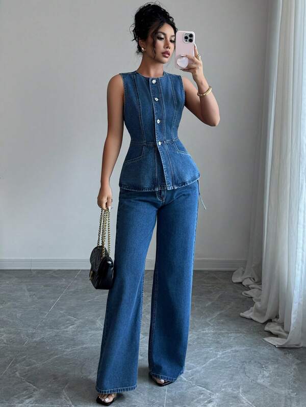 Elenzga Women's Solid Color Front Button Sleeveless Top And Long Denim Pants Set