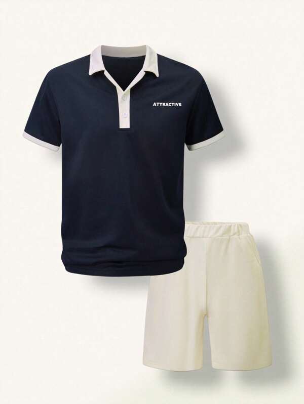 SHEIN Set de 2 piezas de polo y shorts casuales para adolescentes varones, polo de manga corta con bloqueo de color versátil para diario y shorts beige, adecuado para primavera/verano, escuela y uso diario