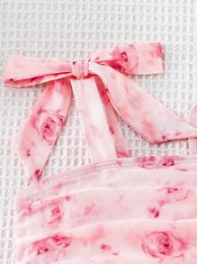 年轻女孩碎花网眼荷叶边贴身吊带背心 - 粉色 - 查看 5