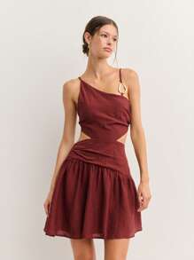 One-Shoulder Cutout Mini Dress In Soft Textured Fabric. Flowy Skirt With Flattering Silhouette-Perfect For Summer Parties, Holiday Outfits, Or São João Vibes. - Brown - View 2