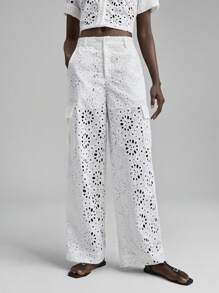 Ontre 2025 White Loose Casual Embroidered Hollow-Out Fabric Cargo Pants, Baggy Beach Bohemian Style For Women