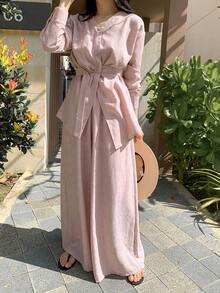 DAZY 两件套优雅高品质不对称衬衫上衣搭配阔腿裤，女士长款休闲套装 - 杏色 - 查看 2