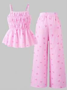 Sparklyn Girls Striped Bow Strap Top And Straight-Leg Pants Holiday Style 2pcs Outfit Summer Holiday