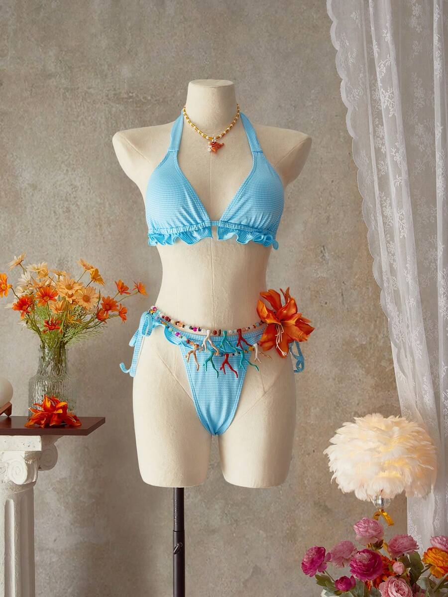 SHEIN Swim 女士时尚格子荷叶边比基尼套装 - 藍色 - 查看 1