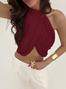 Aloruh Chiffon Urlaubs-Freizeitmode Kreuzausschnitt Rüschenrücken Knopf-Elegantes, sexy Damen Hemd - Bordeaux - Übersicht 7
