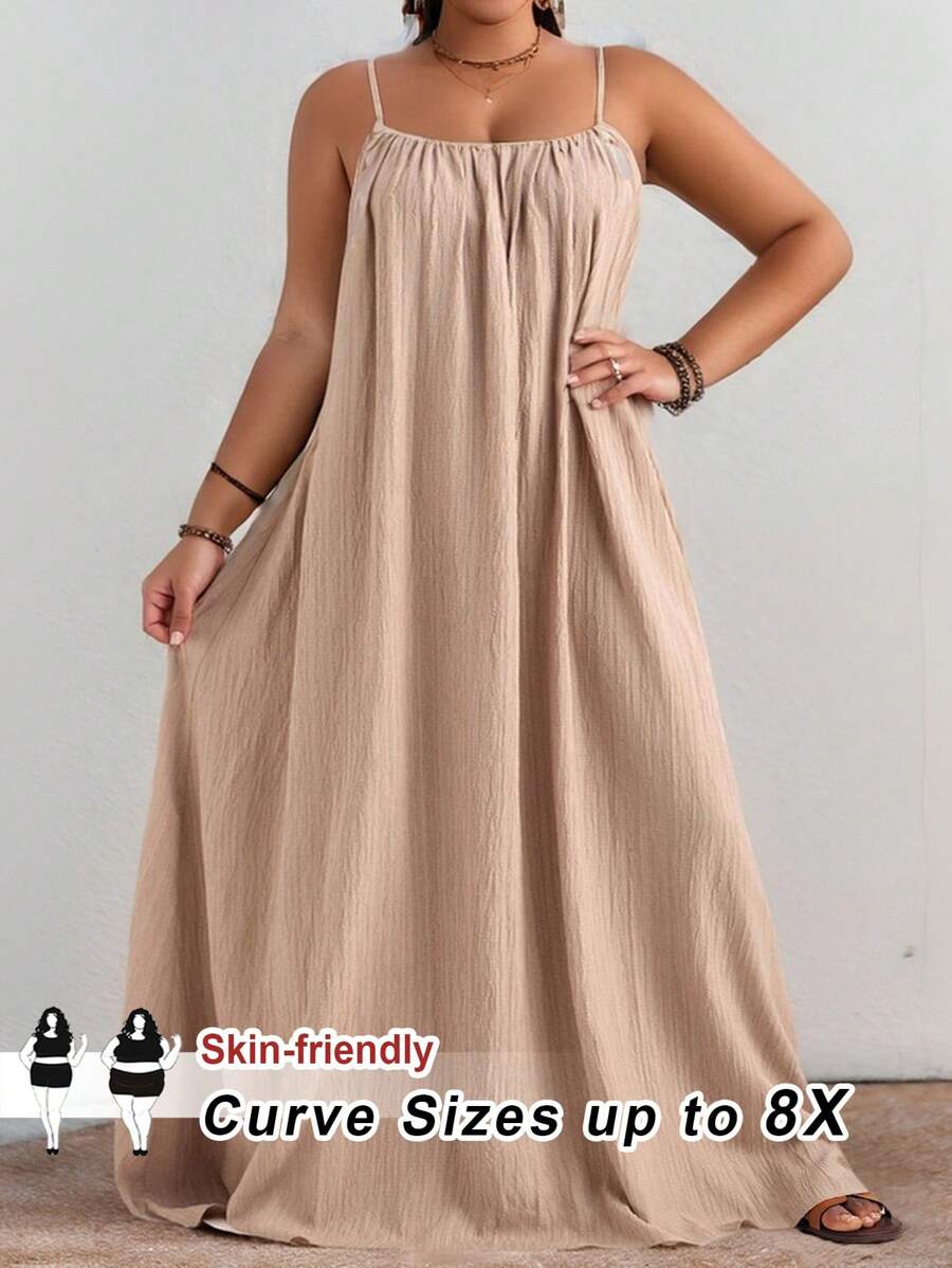 SHEIN CURVE+ Váy không tay màu trơn thường ngày cỡ lớn, mùa hè - Màu Khaki - Xem 1