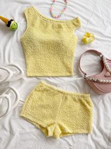 Soleia 2 件套女士度假装 - 条纹针织不对称领口上衣和超低腰紧身短裤套装，适合派对、圣诞节、情人节、约会、海滩、游轮、狂欢节、复活节 - 黃色 - 查看 8