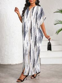 SHEIN Lady 优雅休闲工作派对条纹印花 V 领开衩蝴蝶袖女式连衣裙长款连衣裙 - 灰色 - 查看 4