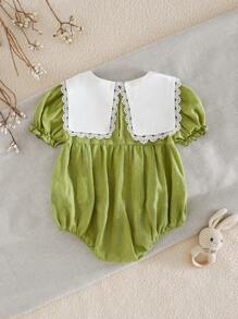 Cozy Pixies Baby Girl Colorblock Navy Collar Floral Print Short Sleeve Tie Waist Bodysuit - Purple - View 2