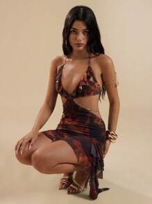 SHEIN BAE Women Sleeveless Halter Neck Hollow Lace-Up Asymmetrical Hem Ruffle Hem Summer Dress Woman S Summer Clothes Women Short Dresses Summer Women Summer Clothing,Dresses For Women Summer,Club Outfits Women Sexy, Halloween Clothes,Halloween Costume - Brown - View 6