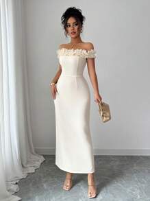 Elenzga 1 Stück Damen Elegant Romantik Kleid mit Rüschen-Trim an der Schulter und Taille