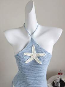 Elamini Set de 2 piezas Jersey + Pantalón corto de mujer con adorno de estrella de mar, apropiado para uso diario, vacaciones y citas