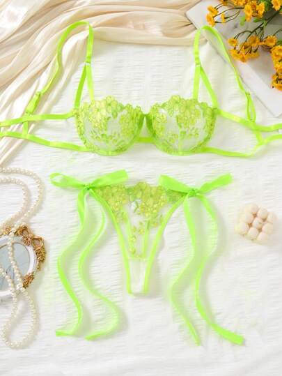 Neon Lime Geborduurde Bow Ladies Verleidelijke Lingerie Set