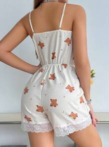 SHEIN 星月熊印花蕾丝边V领连体睡衣 - 米色 - 查看 2