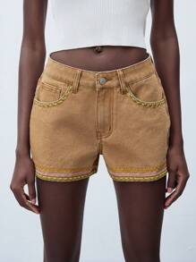 Maija Women's Relaxed Fit Embroidered Denim Shorts, Casual Vacation & Back To School - Khaki - View 5