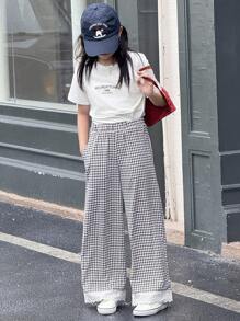 DAZY Tween Girl 2 Pieces Set 2 In 1 T-Shirt And Plaid Straight Pants