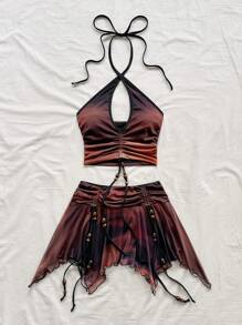 Soleia 女式复古扎染前镂空抽绳褶饰露背吊带背心和不对称荷叶边抽绳下摆迷你裙套装，适合派对、约会、下午茶、海滩、音乐节、狂欢节海滩装