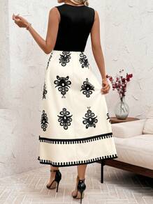 SHEIN Clasi 女士优雅宽松撞色拼接长裙，度假装，茶会装，夏季装，复古外出上衣，乡村波西米亚风女装 - 杏色 - 查看 2