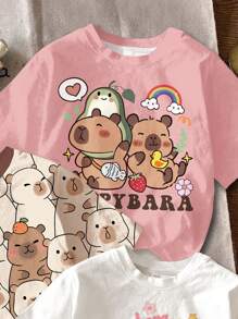 SHEIN Leap Crew 3 chiếc áo thun tay ngắn cổ tròn họa tiết hoa, dâu tây và capybara thường ngày cho bé gái tuổi mới lớn, thích hợp cho mùa hè mát mẻ - Nhiều màu - Xem 4