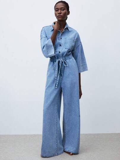 Maija Damjumpsuit i lätt denim med dragsko i midjan, 3/4-ärm, lämplig för vardagskläder i stan, kontorskläder för kvinnor, höst