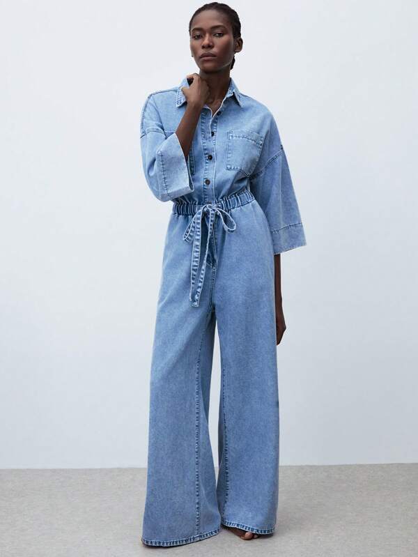 Maija Salopetă ușoară din denim pentru femei, casual, cu talie cu șnur, mânecă 3/4, potrivită pentru ținută casual urbană, ținută de birou pentru femei, toamnă
